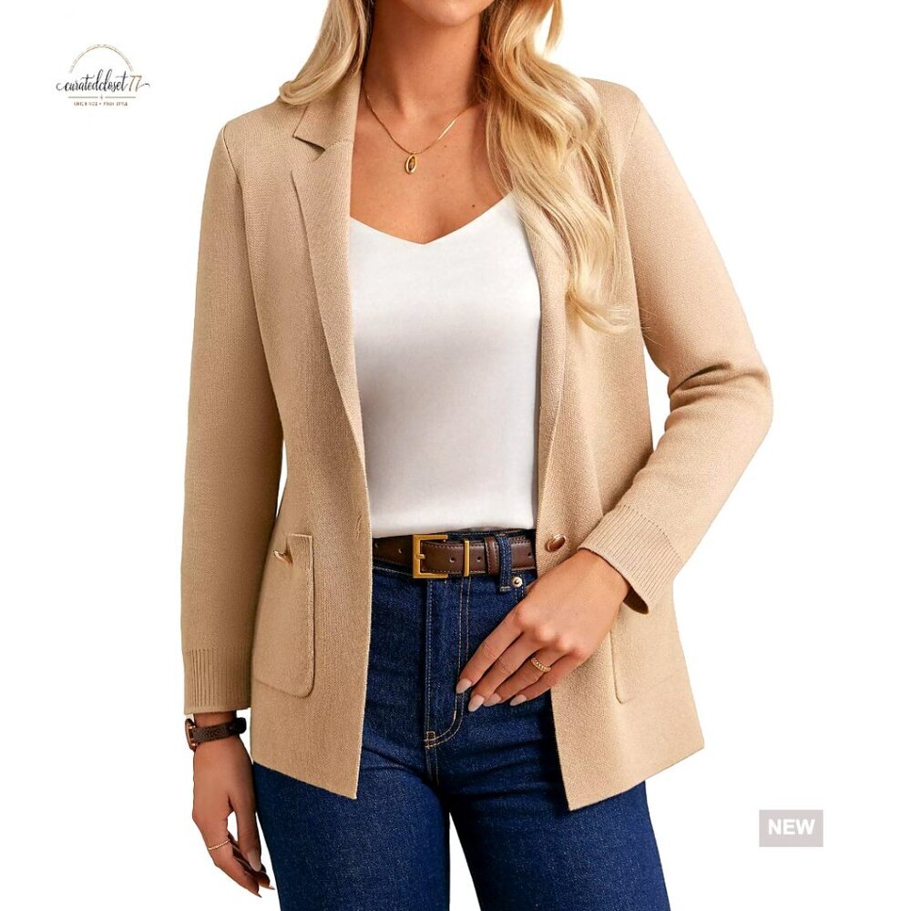 Knit Blazer Cardigan Open Front Lapel Business Casual Work Sweater Jacket